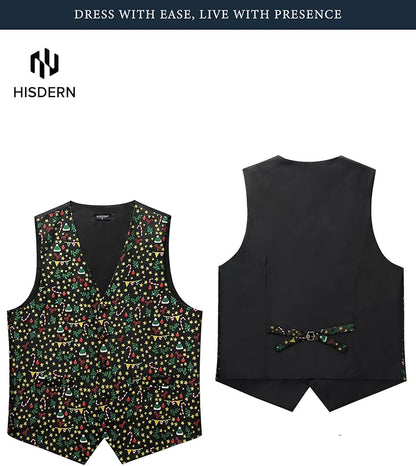 HISDERN Men's Suit Vest Christmas Holiday Season Party Jacquard Waistcoats Necktie Pocket Square Vest Suit Set