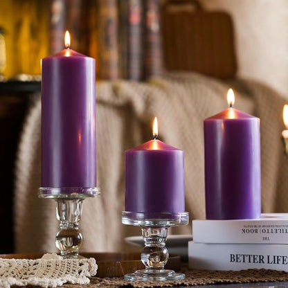 MOZEAL 3" x 8" Hand-Poured Unscented Candles,Large Purple Pillar Candles Set of 2,No Drip,Approx 120 Hours Long Burning,Wedding,Dinner,Christmas and Home Decor（3 Inch Diameter 8 Inch Height）