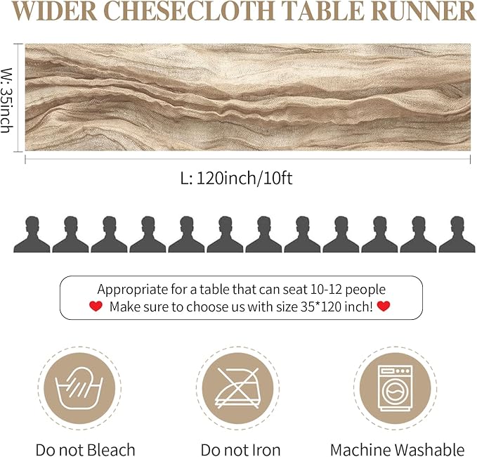 12 Pack Nude Cheesecloth Table Runner,10ft Boho Light Brown Cheese Cloth Table Runner Long Tan Gauze Runner for Wedding Party Bridal Baby Shower Christmas Table Decor