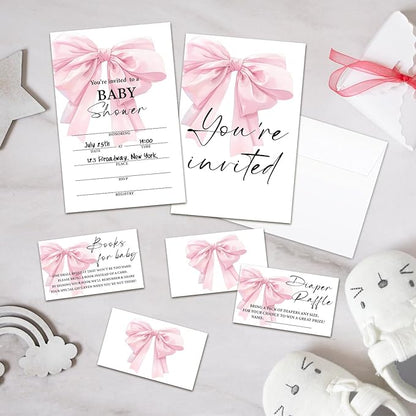 Pink Bow Baby Shower Invitations, Fill-in Invites For Gender Reveal Baby Announcement, Party Favor & Accessories(25 Invitations With Envelopes, 25 Dipaer Raffle Tickets & 25 Book Request Cards)-12