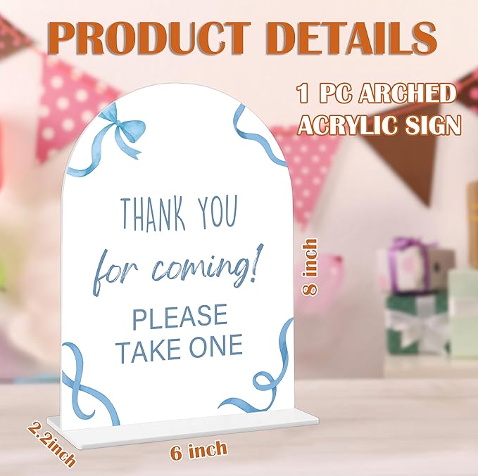 Thank You For Coming Sign - Blue Bow Baby Shower Sign, 1 Pack Arch Acrylic Sign with Stand, Gender Reveal Party Table Decor, Blue Baby Shower Supplies (SP13)