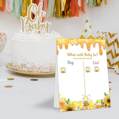 LNOKRIM Gender Reveal Party Games, Bee Theme Baby Gender Reveal Voting Board Sign, 48 Boy Girl Voting Stickers, He or She, Gender Reveal Party Centerpiece Decorations (12x17)