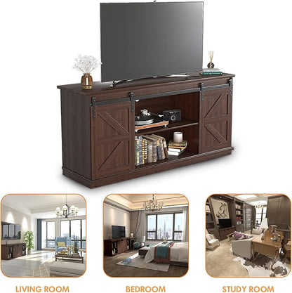JUMMICO TV Stand for 65 Inch TV, Entertainment Center with Storage Cabinets and Sliding Barn Doors, Mid Century Modern Media TV Console Table for Living Room Bedroom (Brown)
