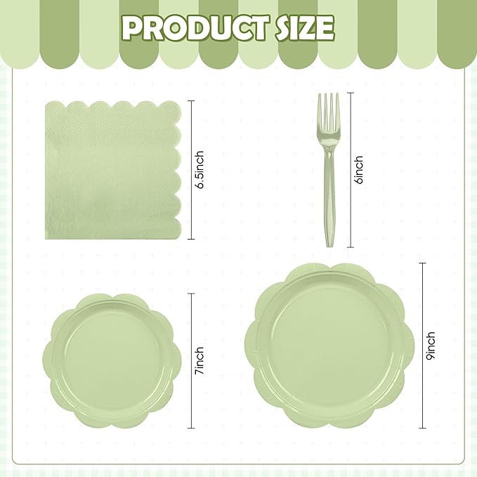 96 Pcs Sage Green Paper Plates and Napkins Set Party Supplies, Tableware set for 24 Guest include Disposable Sage Green Scalloped Plates, Napkins and Forks for Baby Shower Bridal Shower Wedding