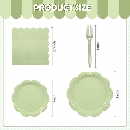 96 Pcs Sage Green Paper Plates and Napkins Set Party Supplies, Tableware set for 24 Guest include Disposable Sage Green Scalloped Plates, Napkins and Forks for Baby Shower Bridal Shower Wedding