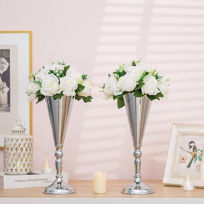 Sliver Vase Centerpiece Table Decorations - 10 Pcs Metal Tabletop Flower Stand, Wedding Decorations for Reception, 14in Trumpet Tall Flower Vase for Birthday, Weddings, Anniversary, Home Decor