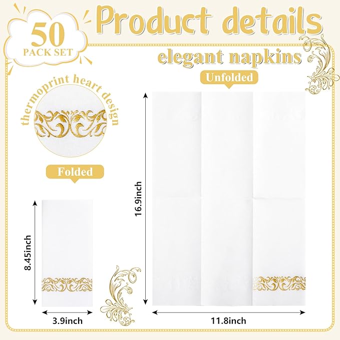 50PCS Gold Napkins Disposable - White and Gold Paper Napkins - Cloth-Like Feel Dinner Paper - Elegant Heavy Duty Hand Towels for Bathroom Thanksgiving Party Bridal Decorative Reception