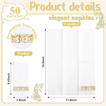 50PCS Gold Napkins Disposable - White and Gold Paper Napkins - Cloth-Like Feel Dinner Paper - Elegant Heavy Duty Hand Towels for Bathroom Thanksgiving Party Bridal Decorative Reception