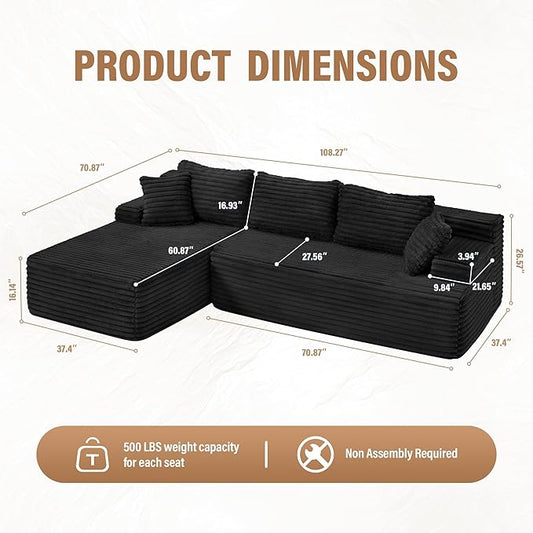 Hobestluk Modular Sectional Sofa Couches L-Shape Couch 3 Seat Modular Sofa Memory Foam Sectional Couches for Living Room, Cloud Couch with Oversized Chaise (Left Facing)