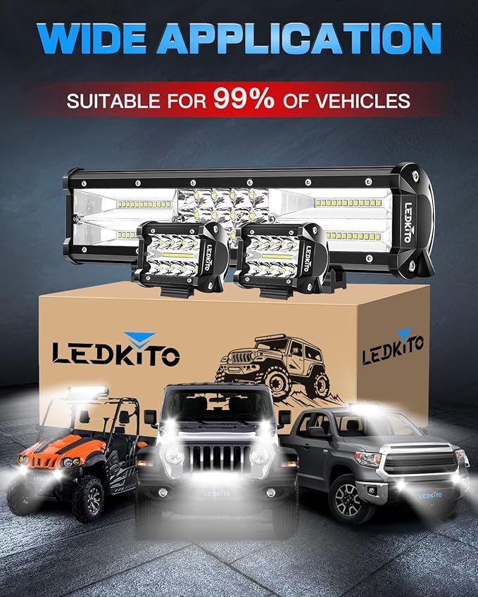 12 Inch LED Light Bar and 2PCS 4In LED Cube Pods Light Work Driving Lamp with Rocker Switch 3Lead Wiring Harness Kit Off Road Lights Spot Flood Combo Lights for ATV UTV SUV Truck Tractor Boat