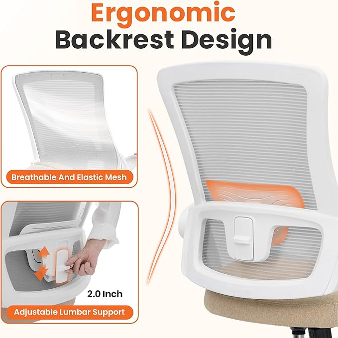 NEO CHAIR Office Desk Chair Computer High Back Mesh Gaming Seat with Ergonomic Adjustable Comfy Flip-up Armrests Lumbar Support Height for Home (Beige)