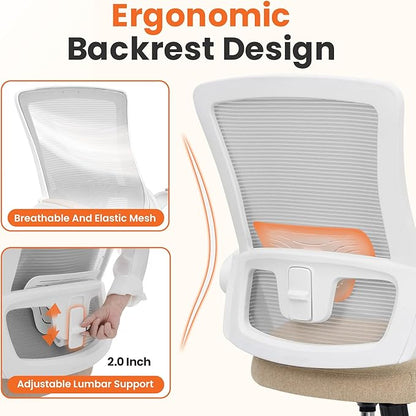 NEO CHAIR Office Desk Chair Computer High Back Mesh Gaming Seat with Ergonomic Adjustable Comfy Flip-up Armrests Lumbar Support Height for Home (Beige)
