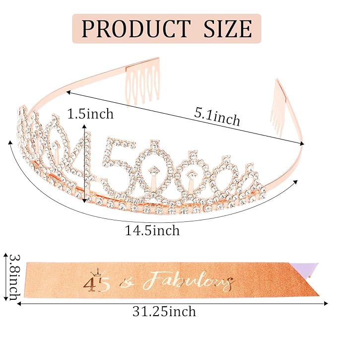 CIEHER 45th Birthday Crown and Sash, 45 & Fabulous Sash, 45th Birthday Decorations for Women - Rose Gold