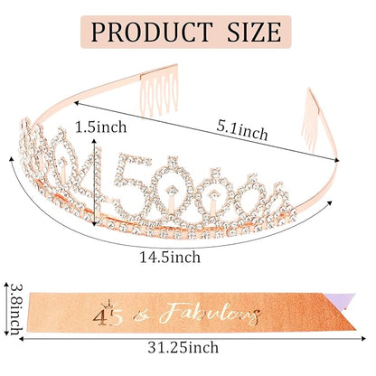 CIEHER 45th Birthday Crown and Sash, 45 & Fabulous Sash, 45th Birthday Decorations for Women - Rose Gold