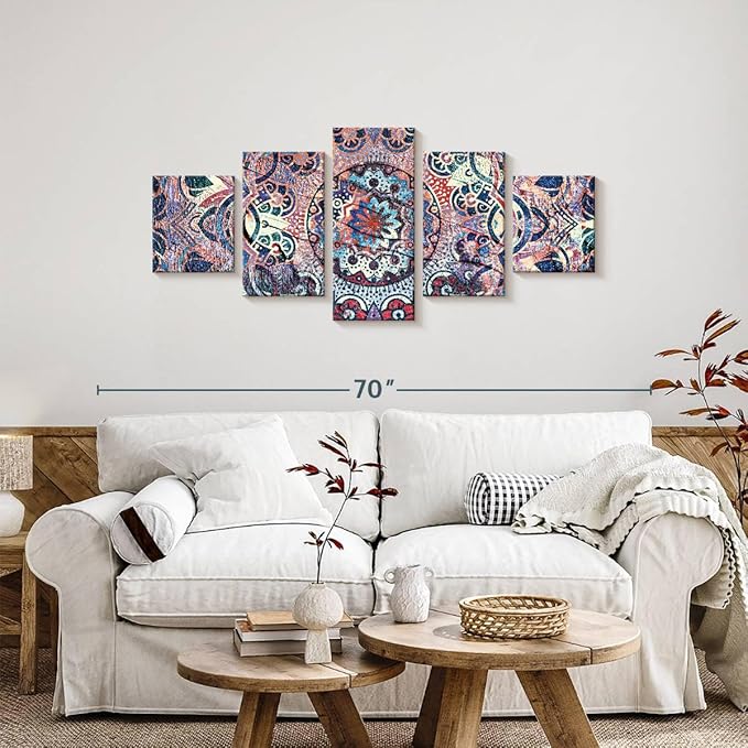 ElephantStock - Mandala Enchantment Wall Art - Horizontal Multi Panel Canvas - 5 Piece Living Room Wall Decor - Digital Art Elements Multi Piece Wall Art - Blue And Beige Decor - 55" x 24"