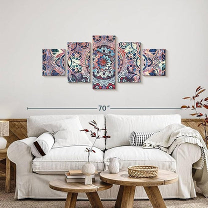 ElephantStock - Mandala Enchantment Wall Art - Horizontal Multi Panel Canvas - 5 Piece Living Room Wall Decor - Digital Art Elements Multi Piece Wall Art - Blue And Beige Decor - 55" x 24"
