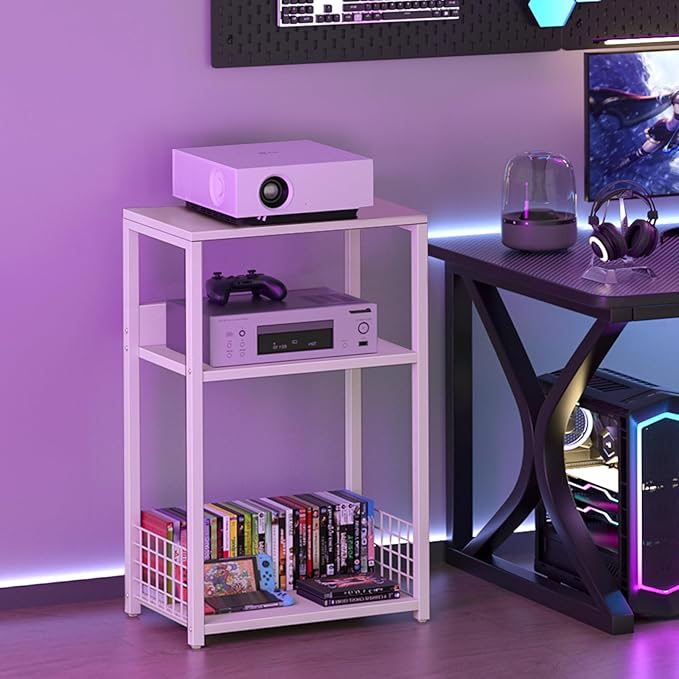 LELELINKY Large White Record Player Stand, 3 Tier 18" Wide Big End Table with Vinyl Storage Up to 130 Albums, Industrial Turntable Printer Tables, Modern Side Tables for Living Room, Bedroom, Office