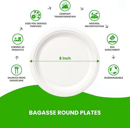 Round Compostable Plates, Disposable Sturdy, Sugarcane Biodegradable, Microwave Freezer Safe for Parties, Weddings, Events (8 Inch, 125, Count)