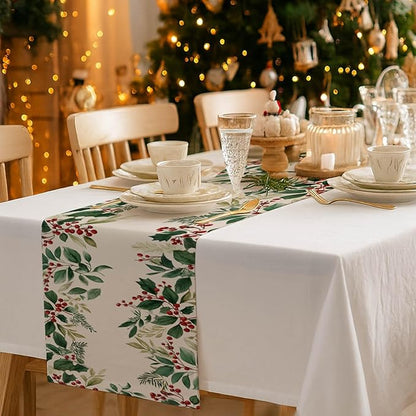 Christmas Table Runner 13x72 Inch Winter Holiday Greenery Red Berries Farmhouse Dining Table Decoration Burlap Tablecloth for Kitchen Dining Indoor Outdoor Christmas Party Home Decor
