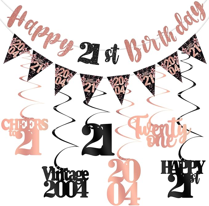 21st Birthday Decorations for Her, Black Rose Gold Happy 21st Birthday Banner Hanging Swirls Vintage 2004 Decorations Kit Cheers to 21 Party Supplies