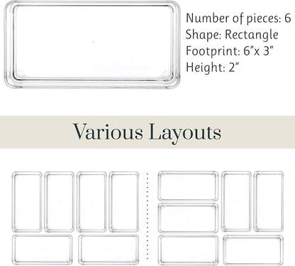 STORi SimpleSort 6-Piece Stackable Clear Drawer Organizer Set | 6" x 3" x 2" Rectangle Trays | Small Makeup Vanity Storage Bins and Office Desk Drawer Dividers | Made in USA