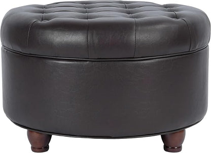Homepop Home Decor | Button Tufted Faux Leather Round Storage Ottoman | Ottoman with Storage for Living Room & Bedroom (Distressed Brown)