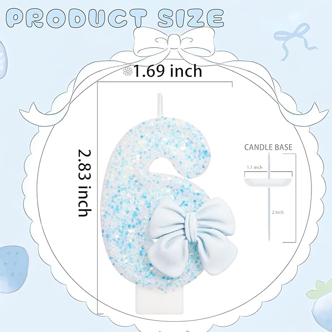 Birthday Candle for Cake, Blue Bow Number Candles, 2.76 inch Number, Cake Topper Decoration for Birthday Party (Number 6)