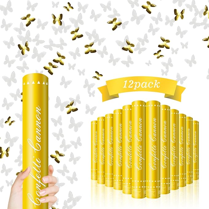 Confetti Cannon 12 Pack Butterfly Confetti Poppers 12Inch Gold and Silver Butterflies Party Poppers for Wedding Confetti Cannon Bulk Poppers for Celebration Birthday Graduation Christmas New Year