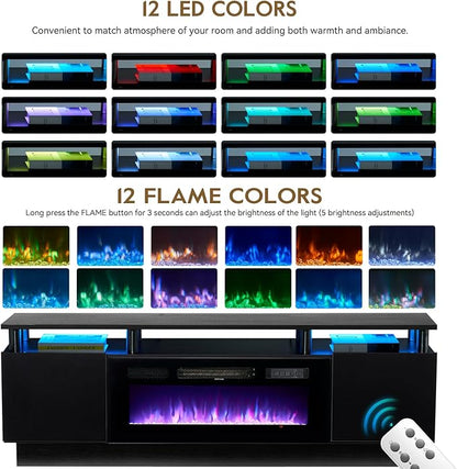 70" TV Stand for Living Room, Modern Entertainment Center & Media Console, Fits TVs up to 80", Storage Cabinet with Shelves, 36" Electric Fireplace with LED Flame (All Black)