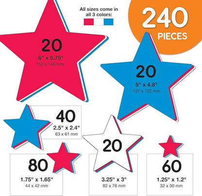 241 Pieces Star Cutouts, 2-Sided US Made Card Stock Punch Out Patriotic Red, White, and Blue Stars for Classroom Decor, Back to School DIY Craft Projects, Party Decoration, 4th of July Themed Events