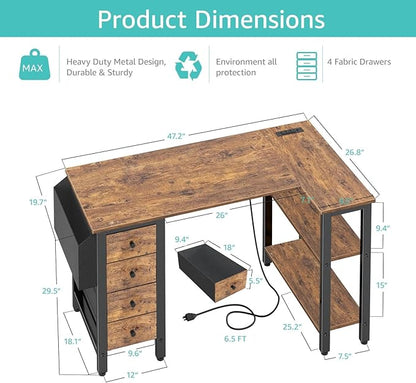 Lufeiya L Shaped Desk with Drawers & Storage Shelves, 47 Inch Small Reversible Corner Desk with Power Outlet for Home Office Bedroom, L-Shaped Gaming PC Computer Desks with Fabric Drawer, Rustic Brown