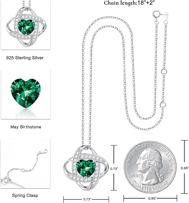 Iefil 925 Sterling Silver Love Knot Birthstone Necklace, Natural or Created Gemstone, Anniversary Birthday Gifts for Women, Jewelry Gifts for Wife Mom Girlfriend
