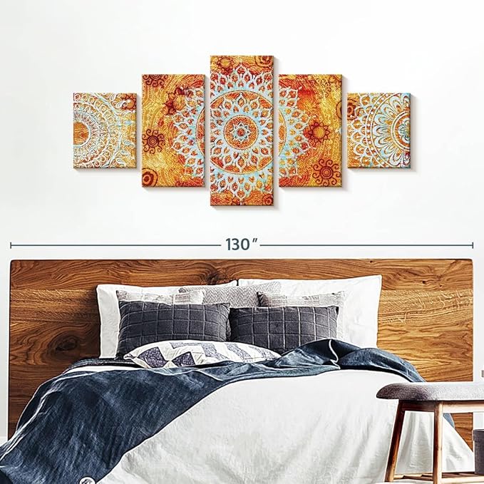 ElephantStock - Sun Like Mandala Symbols Wall Art - Horizontal Multi Panel Canvas - 5 Piece Living Room Wall Decor - Digital Art Elements Multi Piece Wall Art - Orange And Blue Decor - 92" x 42"