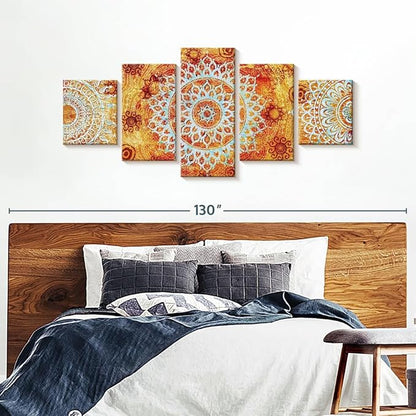 ElephantStock - Sun Like Mandala Symbols Wall Art - Horizontal Multi Panel Canvas - 5 Piece Living Room Wall Decor - Digital Art Elements Multi Piece Wall Art - Orange And Blue Decor - 92" x 42"