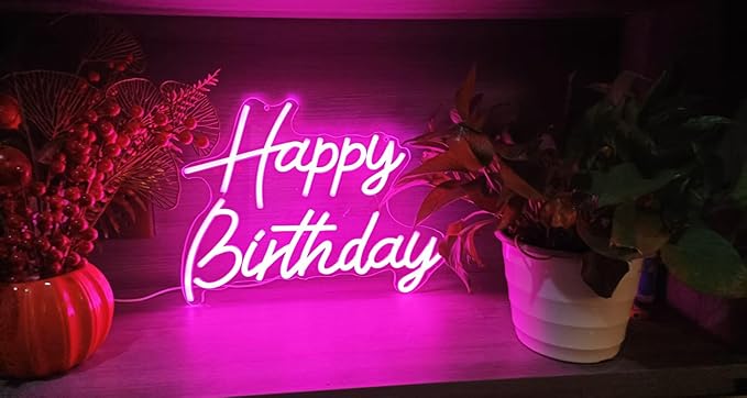 Happy Birthday Neon Sign for Wall Decor, Led Signs with Dimmable Switch, USB Powered Happy Birthday Backdrop Light Up Signs for Party Decorations, 16.1"x12.2" Pink