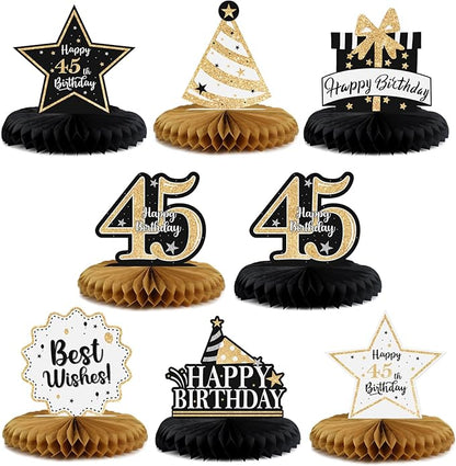 Happy 45th Birthday Decorations,45th Bday Gold Glitter Shiny Stand Honeycomb Table Centerpieces - Cheers to 45 Years Old Birthday Party Photoprop Gift Sign.