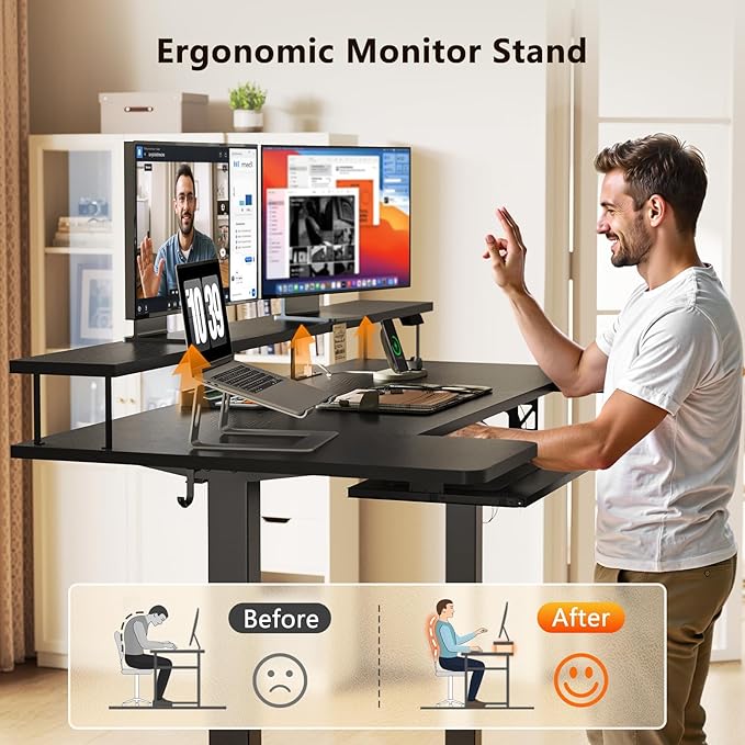 OffiGo U Shaped Electric Standing Desk with Keyboard Tray, 55 Inch Height Adjustable Desk with Power Outlets & LED Lights, Sit Stand Table with Monitor Stand for Home, Office, Black