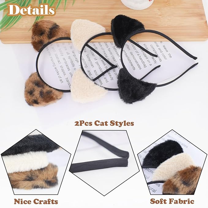 Animal Ear Headbands,3Pcs Plush Cat Ears Costume Headband Hair Band with Cat Ear Cute Ear Hair Accessories for Themed Events and Party Decoration (Brown,Beige,Black)