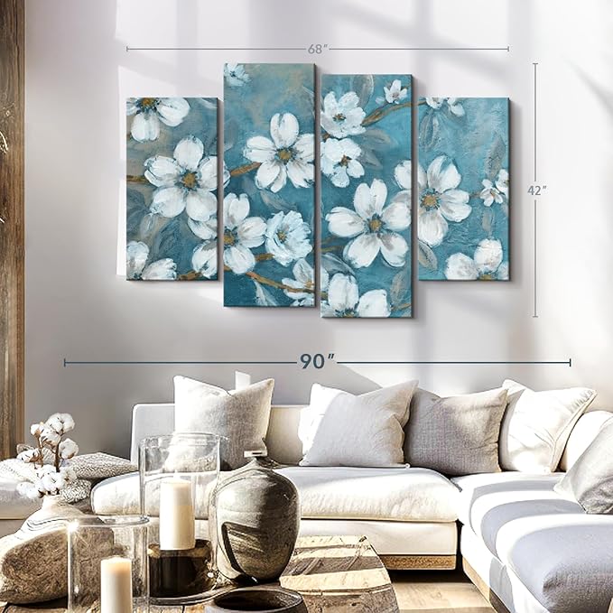 Elephant Stock Blossoms Of Evening Wall Art - Horizontal Canvas - 4-Piece Living Room Wall Decor - Blossom Painting Canvas Print - Blue and Gray Decor for Wall by Carol Robinson - 68" X 42"