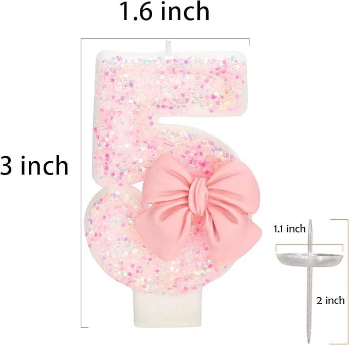 25th Birthday Number Cake Candles, Pink Bow, Modern Style, 3" Tall, Smokeless Wax, Non-Toxic, Perfect for Birthdays
