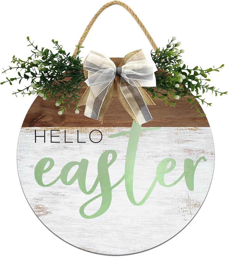 Boylee Easter Wooden Hanging Sign Hello Easter Sign Door Decoration with Bow Rustic Easter Wood Wreath Sign for Easter Spring Holiday Home Coffee Shop Bakery Farmhouse Window