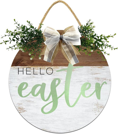 Boylee Easter Wooden Hanging Sign Hello Easter Sign Door Decoration with Bow Rustic Easter Wood Wreath Sign for Easter Spring Holiday Home Coffee Shop Bakery Farmhouse Window