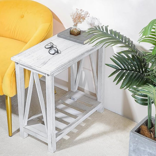 Farmhouse Narrow End Table Wooden Rustic White Side Tables with Storage Shelves Narrow Sofa Table for Small Spaces Living Room Bedroom Bathroom Dorm