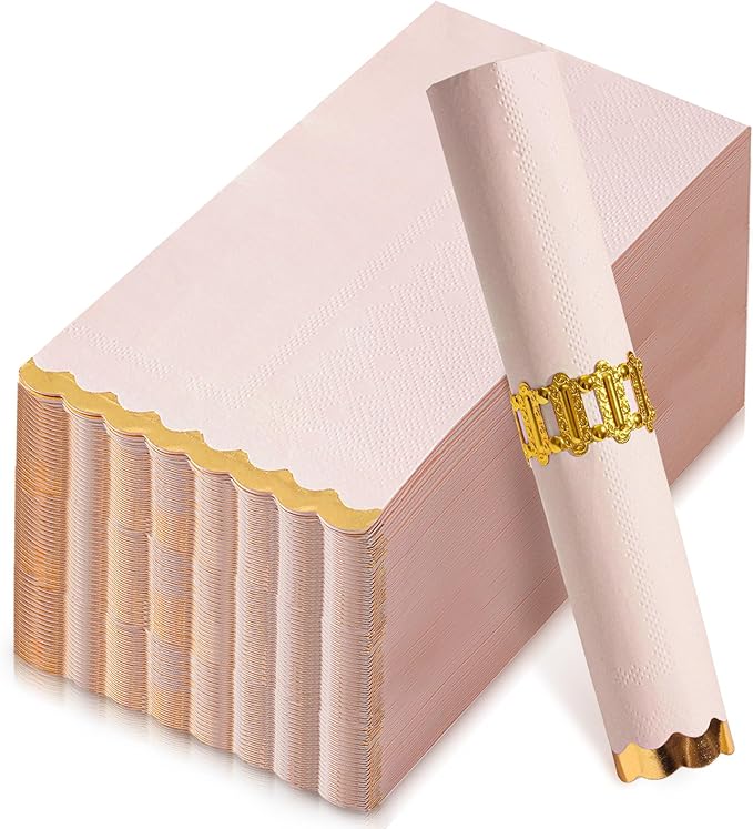 50 Pink Paper Napkins Decorative, Gold Foil Scalloped Edged Guest Napkins Disposable, Dinner Napkins for Wedding, Shower Baby, Birthday Parties Supplies(4 x 8 In, Pink)