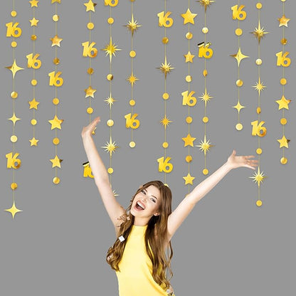 Gold 16th Birthday Decorations Number 16 Circle Dot Twinkle Star Garland Metallic Streamer Banner Backdrop for Girls Boys Happy 16th Birthday Sweet Sixteen Anniversary Cheers to 16 Years Party Decor