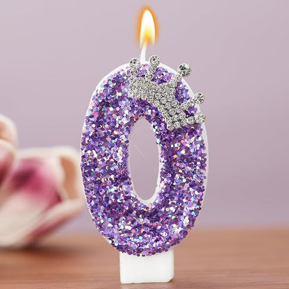Birthday Number Candles,Purple Crown Birthday Candles for Cake,Glitter Number 0 Candle Cake Topper with Sequins for Anniversary Celebrations Supplies (Number 0)