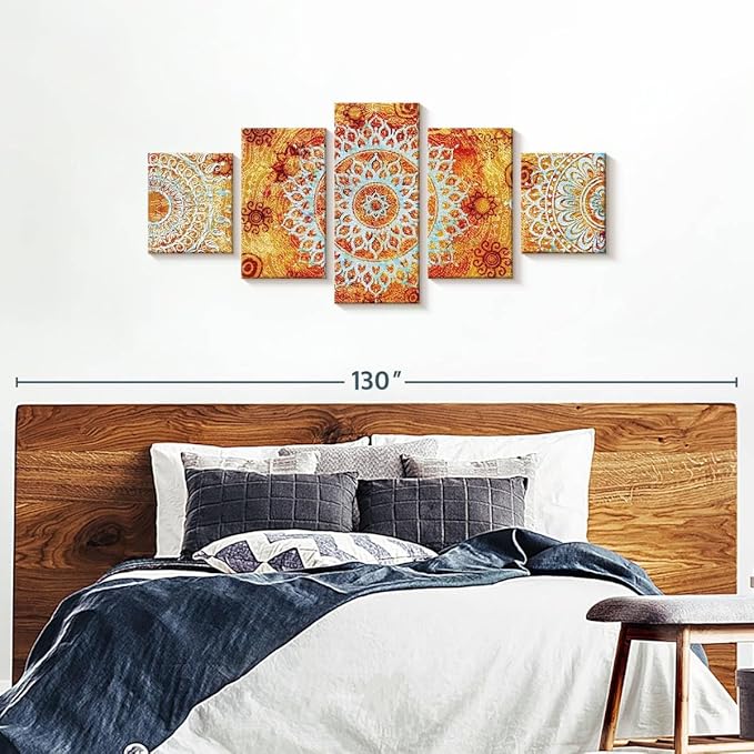 ElephantStock - Sun Like Mandala Symbols Wall Art - Horizontal Multi Panel Canvas - 5 Piece Living Room Wall Decor - Digital Art Elements Multi Piece Wall Art - Orange And Blue Decor - 80" x 36"