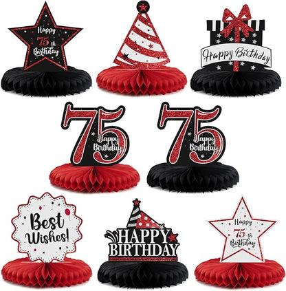 Happy 75th Birthday Decorations,75th Bday Red Glitter Shiny Stand Honeycomb Table Centerpieces - Cheers to 75 Years Old Birthday Party Photoprop Gift Sign.
