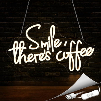 Smile There's Coffee Neon Sign, Neon Signs for Wall Decor Neon LED Signs Room Neon Light Up Signs Home Decor