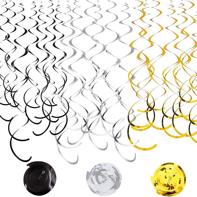 30Pc Gold Silver and Black Party Party Swirl Decorations Foil Swirl Hanging Decoration Plastic Streamer for Ceiling 22 in